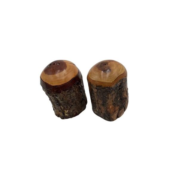 Vintage Wooden Tree Bark Salt & Pepper Shaker Set Rustic Unique - Picture 3 of 8